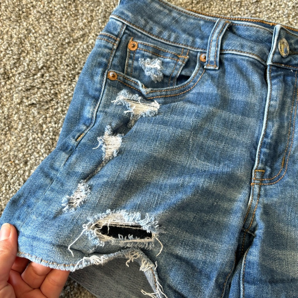 American Eagle shorts womens 0 blue hi rise shortie distressed denim casual - Picture 2 of 13